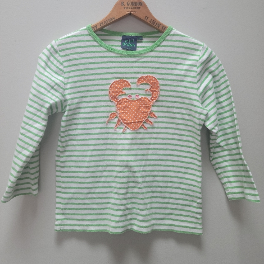 Mini Boden Long Sleeve Green Stripe Girls Shirt Crab Applique